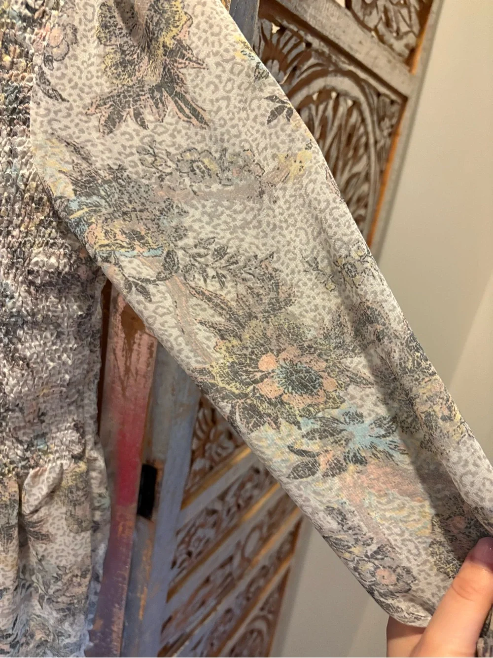 Free People Floral Smocked Peasant Blouse in Cream and Sage